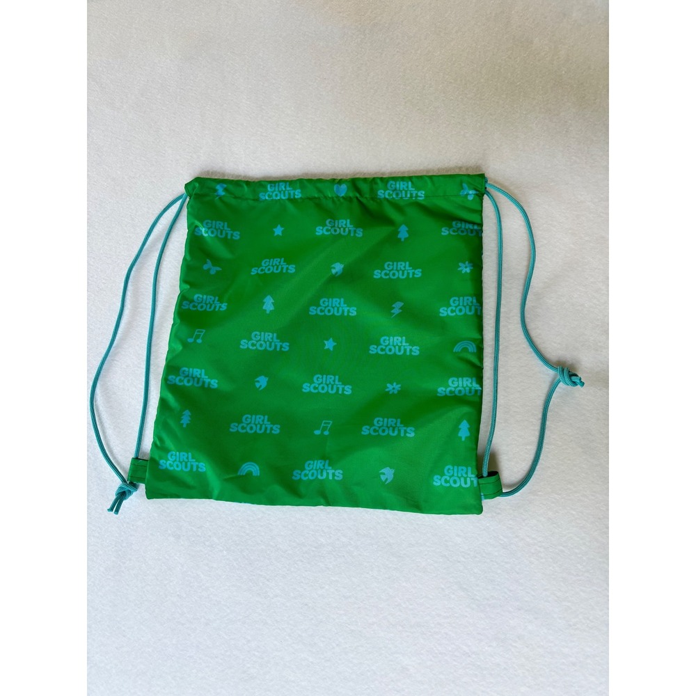 Girl Scouts Green Drawstring Cinch Backpack All Over Logo Print Bag